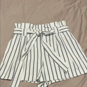 Zara White High-Waist Striped Paperbag Shorts with Belt